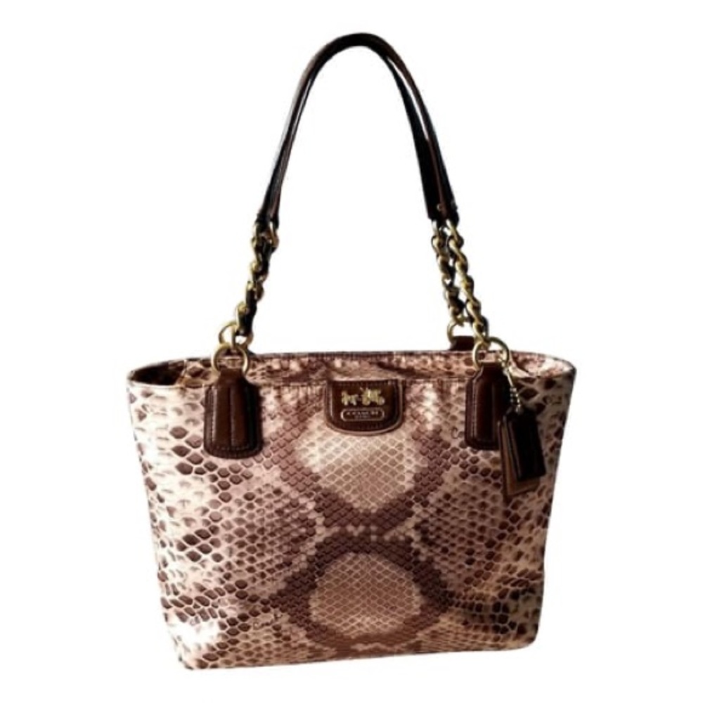 COACH 19843 Madison Maggie Tan Snake Print Sateen Fabric Handbag Brn Patent Trim